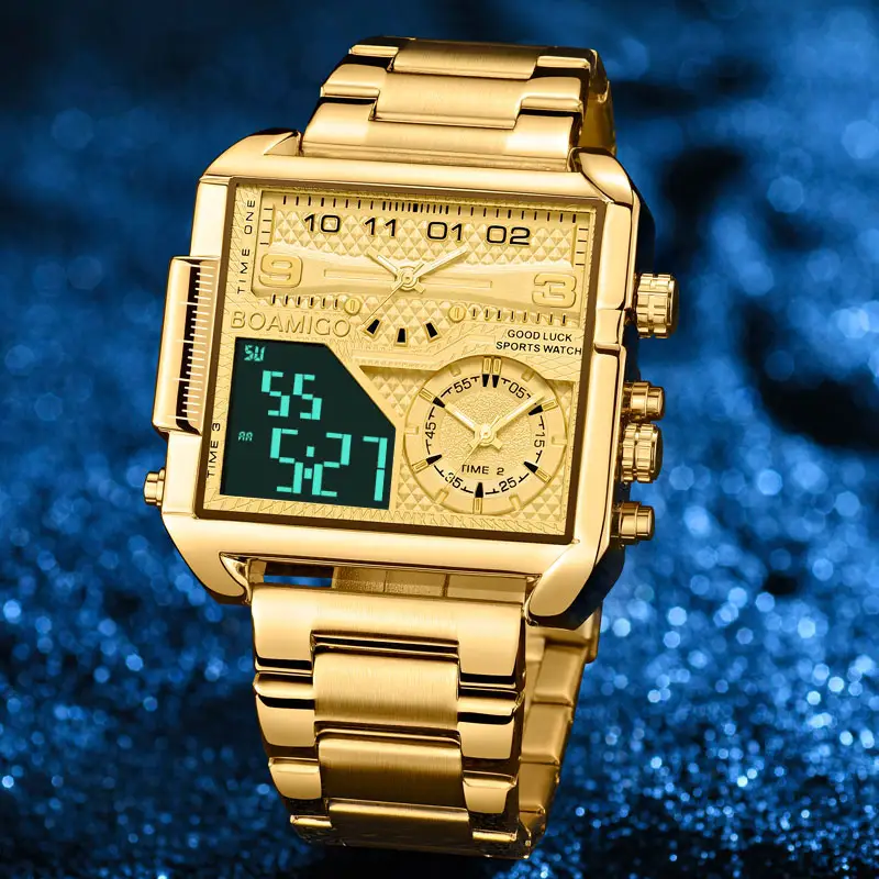 2023 New Top Brand Luxury Fashion Men WristWatches Gold Stainless Steel Sport Big Square Digital Analog Quartz Watch