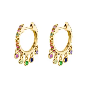 EH23119 18K Gold Plated Brass Copper Colorful Zircon Tassel Crystal Hoop Earrings For Women