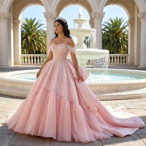 241146 Beautiful Pink Lace <b>Sequined</b> Tassel Ball Gown Ruffle Vintage Natural Waistline Chapel Train Floor-Length Party Evening - Product Image 1