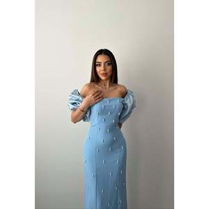 Vestido Midi Azul Bebé, Tejido, con Bordado y Mangas con Adornos, Cintura Natural - Product Image 3