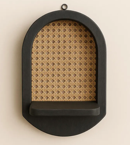 Étagère murale flottante en bois naturel moderne marron foncé Étagère de rangement d'entrée Étagère murale avec rotin - Product Image 4