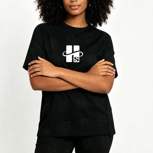Camiseta Personalizada para Mujer, de Alta Elasticidad, con Spandex, Corte Holgado, Dobladillo Asimétrico, Impresión Digital de Alta Calidad, Negra, Clásica, Estilo Raglán - Product Image 2