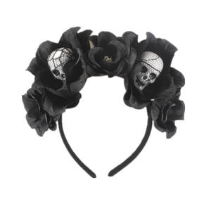 Diadema con velo de rosa para Halloween, corona de calavera negra, bandas para el pelo, aros para el pelo de flores góticas, tocados de fiesta de disfraces para mujer - Product Image 1