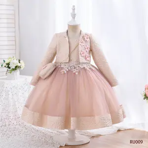 009 Children Princess Skirt Girls Show Evening Dress Small Host Long Sleeve Two Pieces Autumn And Winter Infant Girl Wed Dress
