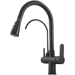 Mezclador de fregadero de 3 vías de latón negro mate 23, grifo de cocina, rociador extraíble, grifo de filtro de agua de rotación 360