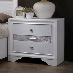 Modern <b>White</b> Finish Silver Accents 2-Drawer Storage Nightstand with Nickel Knob <b>Bedside</b> <b>Table</b> Bedroom Furniture - Product Image 1