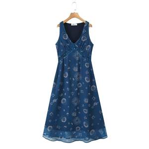 เดรสทรงเอไลน์คอวีเข้ารูปพิมพ์ลายท้องทะเลสีน้ำเงินเข้มสไตล์ลำลองสำหรับผู้หญิงใส่ได้ทุกวัน - Product Image 1