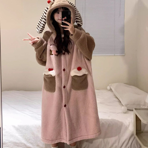 Ensembles de vêtements de nuit mignon <span class=keywords><strong>fille</strong></span> dessin animé à capuche corail polaire pyjamas femmes épais chaud peignoirs pour automne hiver - Product Image 1