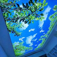 Plafon Gantung Modern Motif Langit Biru Cerah Berawan Sinar Matahari dengan Cetak UV untuk Dekorasi Restoran, Plafon Stretch PVC 3D