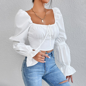 Primavera/Verano Mujer Europea y Americana Blanco Puro Manga Larga Frente Pecho Encaje Espalda Abierta Sexy Cintura Envoltura Camisa - Product Image 3