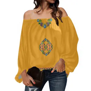 Print On Demand Afdrukbare Traditionele Mexicaanse Borduurpatronen Off Shoulder Dames Blouses En Tops Vrouwen Chiffon Lange Mouw