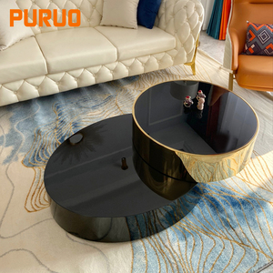 Puruo OEM Modern Luxury Sofa <strong>Table</strong> Black Stainless Steel Plated Brown Color Tempered <strong>Glass</strong> <strong>Nesting</strong> Round Coffee <strong>Table</strong> Set - Product Image 5