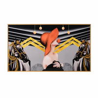 Tableau mural horizontal en porcelaine cristalline 100*50cm, motif dame en chapeau orange et cheval, avec ligne dorée de luxe, pour décoration de grand canapé