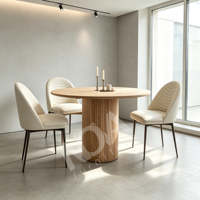 Table à manger ronde en bois crème, table à manger moderne avec base cylindrique en bois de caoutchouc cannelé pour salle à manger