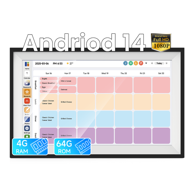 15.6-Inch Full HD 1920x1080 IPS Digital Calendar Photo Frame with Clock WiFi Touchscreen MP3 Support Plastic Frame Android 14