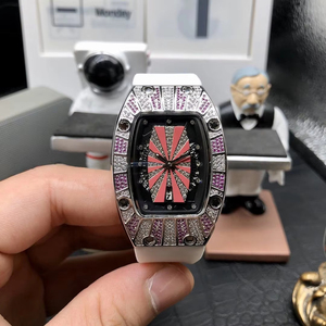 2026 Luxury Tonneau Skeleton Mechanical <b>Watch</b> Full Pink Diamond Bezel Unique Dial White <b>Rubber</b> Strap Men's Sport Wristwatch - Product Image 1