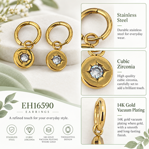 ต่างหูห่วงรูปดาวประดับเหรียญทอง 14K ชุบทองสุญญากาศบนสแตนเลสสตีล - Product Image 4