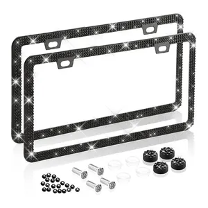 Car Bling License Plate Frame Sparkly 2 Holes 3 Row Acrylic Crystal Stainless Steel Universal License Plate Frame For US
