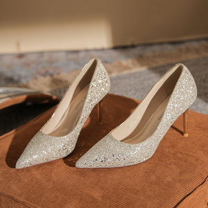 Zapatos de Novia con Tacón de Aguja y Punta Puntiaguda, con Cristales Brillantes, Zapatos de Boda de Tacón Alto de 5 cm y 8 cm, Tendencia de Moda Sólida - Product Image 1