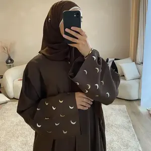 Moon Embroidery Fashion Islamic Clothing Linen Open Abaya Daily Wear Women Kimono Muslim Abaya Women's Dresses