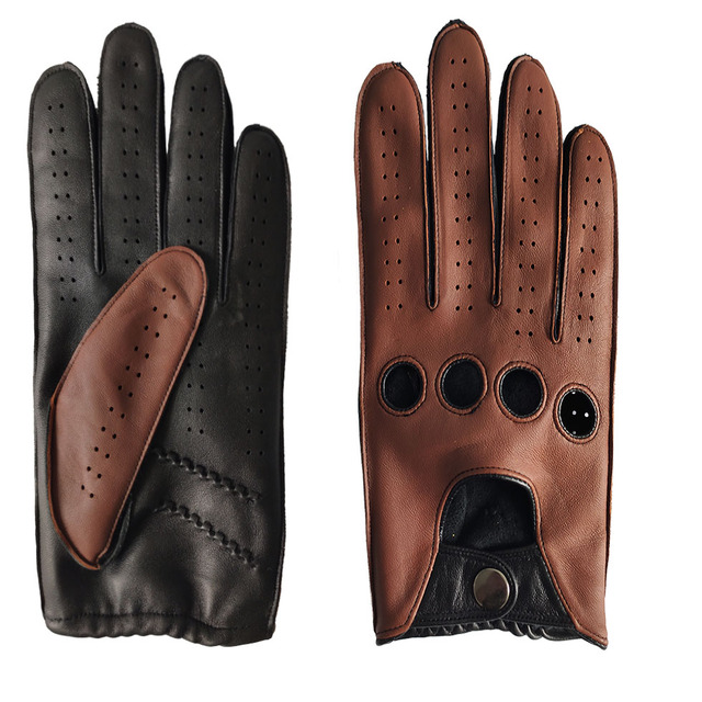 Woman / Men Perforated Fashion Sofl Sheepskin Full Finger Summer Unlined Leather Driving Gloves
