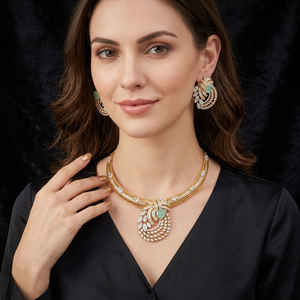 Parure de bijoux de luxe en laiton plaqué rhodium avec CZ et zircon, collier et boucles d'oreilles, pour mariée, mariage et soirée, pour femme - Product Image 3