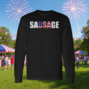T-shirt a maniche lunghe con bandiera americana Sausage Usa, design patriottico - Product Image 3