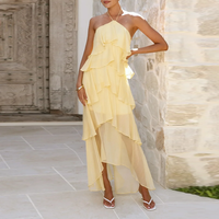 Robe longue décontractée pour femme, style licou, sans manches, dos nu, à nouer, à volants, à étages, élégante, mode, vente en gros, usine, marque privée
