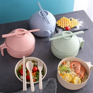 Boîte à bento portable en paille de blé écologique pour enfants, bol à nouilles instantanées anti-brûlure avec baguettes (820 ml) - Product Image 1