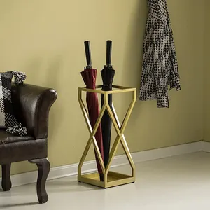 Jh-mech rak payung kustom, penyangga payung logam desain X kotak emas dekoratif dalam dan luar ruangan