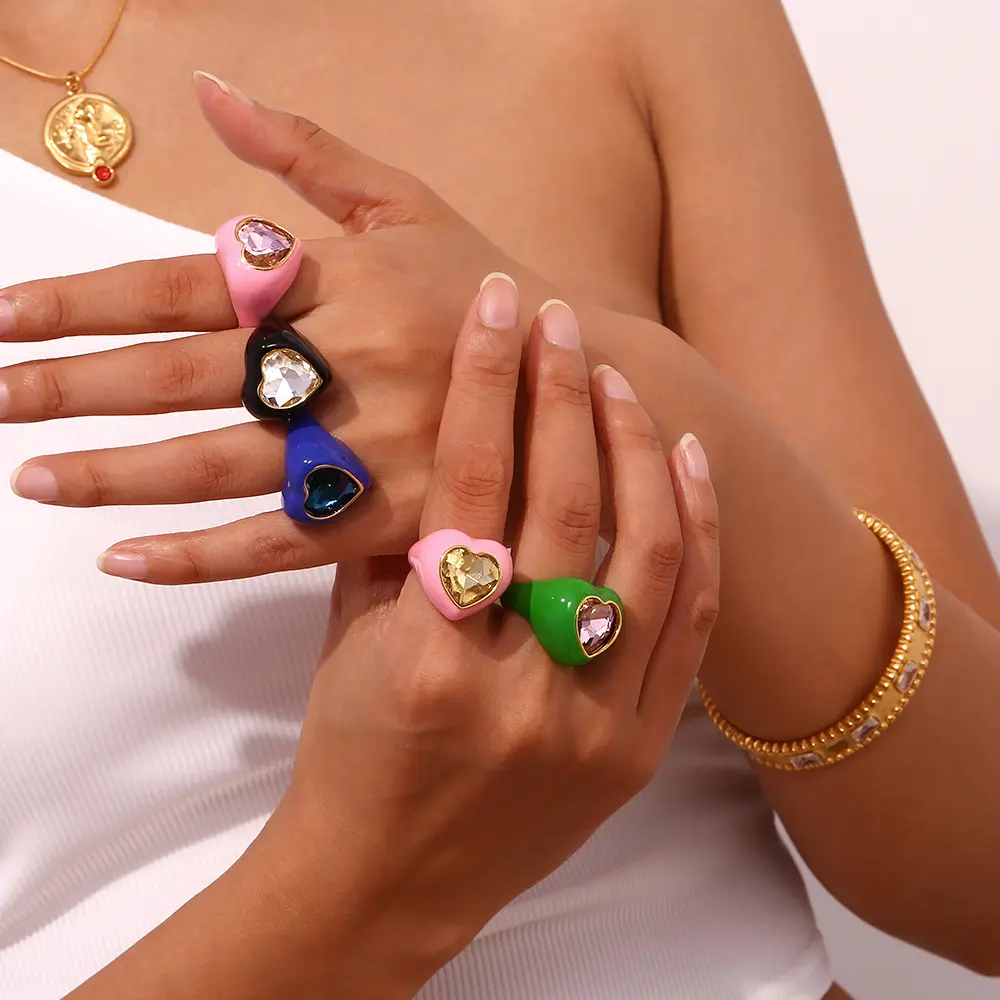 Y2K Joias coloridas esmaltadas coração zircão anéis joias mulheres banhadas a ouro anéis de aço inoxidável