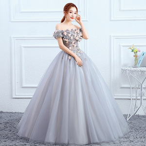 Ethereal Evening Gown Light Gray Pale Purple Tulle Ball Gown Strapless Empire Waistline Floral Print Wedding Dress - Product Image 1