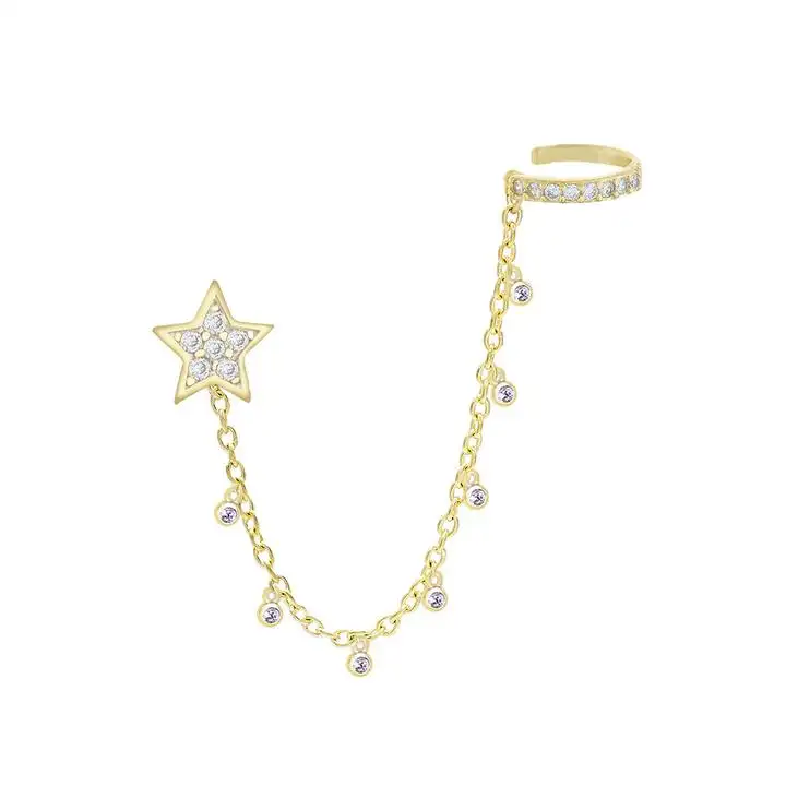Newest 18K Gold Star Chain Ear Cuff and Stud Women 925 Silver Earring
