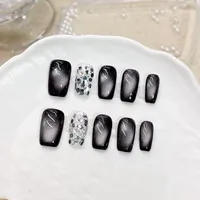 Faux ongles courts carrés en acrylique faits à la main effet œil de chat noir pour femmes