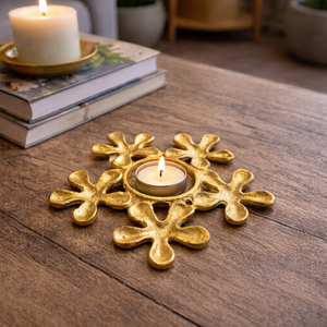 Unique Modern Design Golden Snowflake Metal <b>Tealight</b> <b>Holder</b> - Protective Tabletop <b>Tealight</b> Stand for Outdoor Patio - Product Image 1