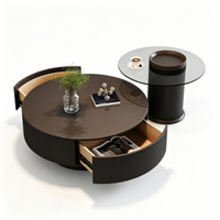 Petite table basse de style nordique moderne de luxe avec tiroir, plateau en dalle de roche durable, structure en métal, finition noire pour le salon