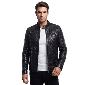 Chaqueta de Moto para Hombre, Negra, de Cuero PU Repujado, Cuello Alto, Cierre de Cremallera, Corte Ajustado, Otoño, Servicio OEM, Logotipo Frontal, Impermeable - Product Image 1