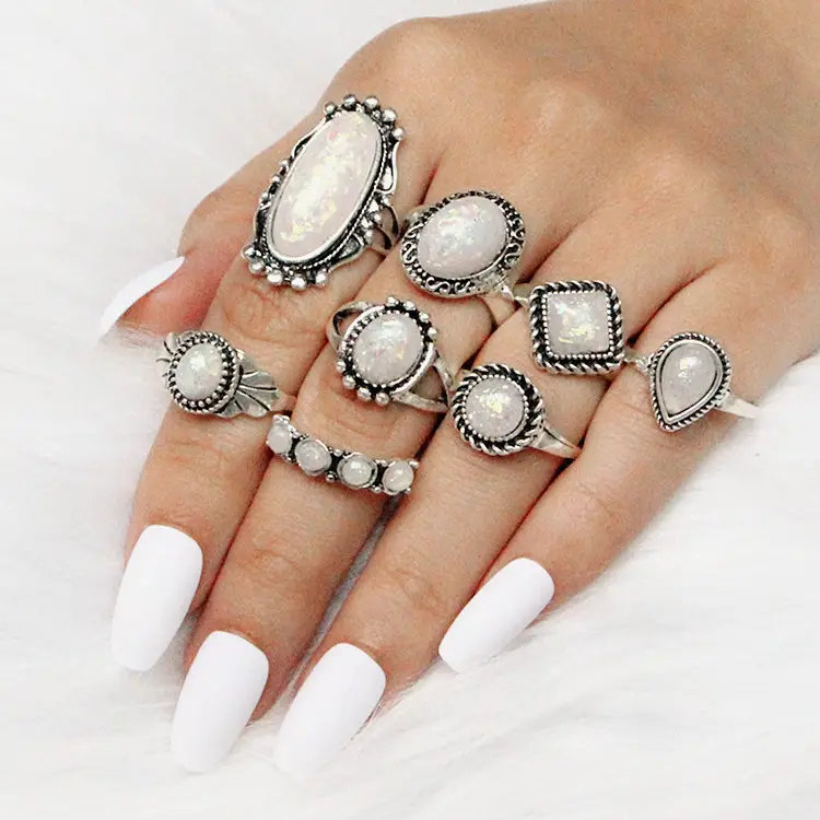 8pcs Bohemian Jewelry Ring Sets Fashion Retro Ethnic Style Color Big Gem Ring Set Drop Geometric Joint Ring Jewelry