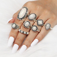 Ensemble de 8 bagues bohèmes, style rétro ethnique, couleur, grande bague à gemme, ensemble de bagues géométriques, bijoux