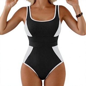 Traje de Baño de Una Pieza Acanalado para Mujer con Paneles en Contraste y Escote Redondo, Ideal para Playa y Piscina, Proveedor Mayorista con Logotipo Personalizado - Product Image 1