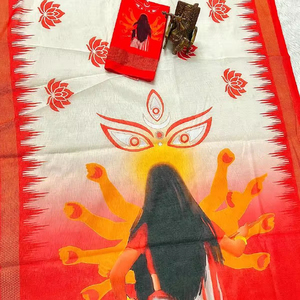 Durga Puja Chanderi ผ้าฝ้ายพิมพ์ดิจิตอล, โมเดลซารีบานาราซิสไตล์อินเดียผ้าจอร์เจียหนักผ้าปักโมดัลต่ำ - Product Image 1
