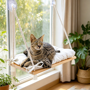 Meuble pour animaux de compagnie : Perchoir balançoire en bois à hauteur réglable avec coussin épais et doux pour grands chats ou deux chatons, idéal pour les bains de soleil quotidiens et les siestes. - Product Image 1