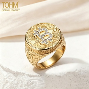 Anillo de Acero Inoxidable con Símbolo Monetario Chapado en Oro de 18K, Resistente al Agua y al Deslustre, para Hombre, Venta al Por Mayor - Product Image 1