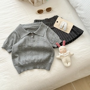 Tongxingyuan Girls' Knitted Polo Shirt And Pleated Skirt Set Grey Cotton Summer Outfit For Children - Product Image 2