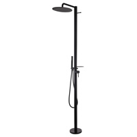 Système de douche extérieur moderne en acier inoxydable noir mat avec eau chaude et froide et étagère pour piscine et jardin