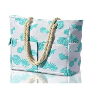 Bolso de playa de diseño personalizado para niñas poliéster impermeable piña Bahamas mujeres cuerda de algodón bolsillo con cremallera bolso de mano de playa