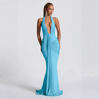 Robe longue pour femme de style occidental : sexy et élégante, col en V profond, dos nu, coupe ajustée, robe plissée