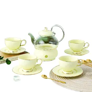 porcelain tea set with glass tea pot with warmer embossed color glaze tea cup 2 tiers cake stand coffee cup