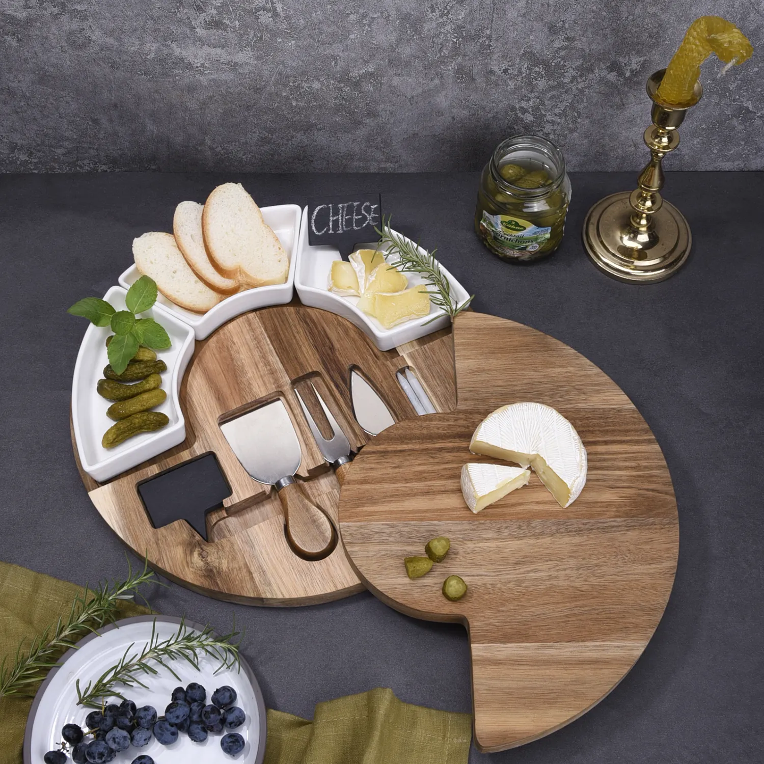 Marka yeni ürün akasya ahşap peynir tahtası peynir bıçağı ile özel etiket toptan
