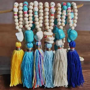 Collar de cuentas de madera de Buda de piedra de pino con forma geométrica Bohemia, cadena de suéter largo con borla multicolor